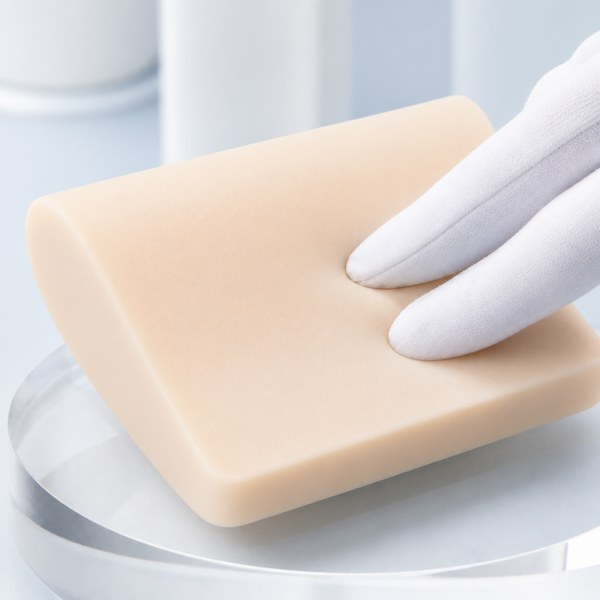 Smooth firm silicone doll material sample under pressure
