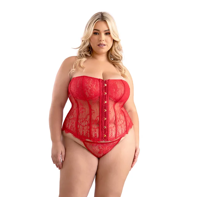 Plus-size blonde model wearing red eyelash-lace corset and matching panty