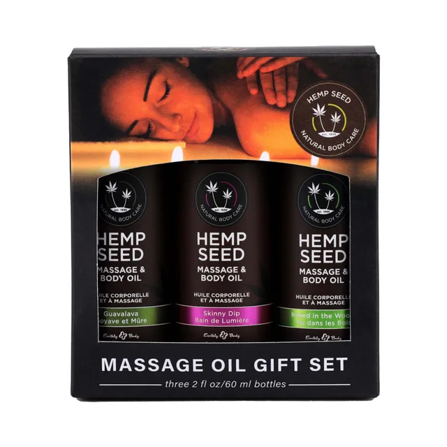 Earthly Body Hemp Seed Massage Oil Gift Set black windowed gift box with three bottles