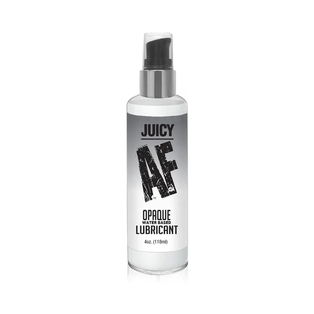 clear 4 oz Juicy AF lubricant bottle with black pump and black-and-blue label