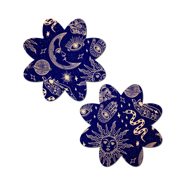 Pastease midnight celestial sun & moon petal breast pasties matching pair with gold sun, moon and star artwork on navy