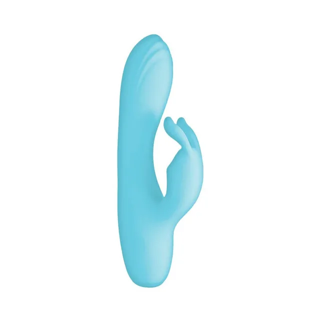 Nasstoys Blaze Lustful Bunny blue dual-arm vibrator upright side view with long shaft and smaller curved arm