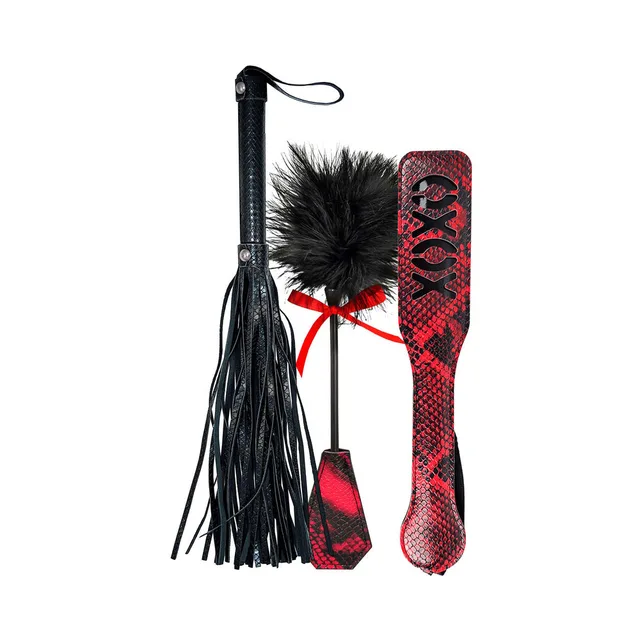 Black tassel whip feather tickler and red black paddle