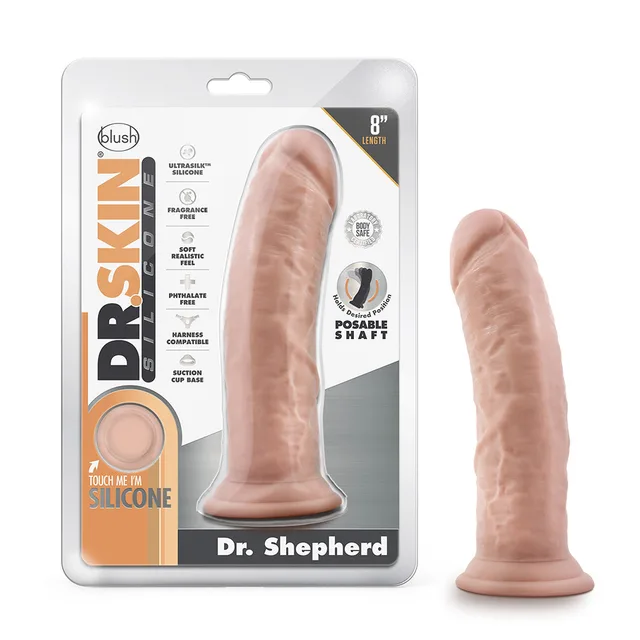 Dr. Shepherd beige 8-inch silicone dildo beside retail package