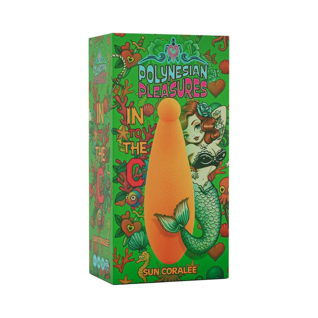 Polynesian Pleasures Sun Coralee orange vibrator on green box