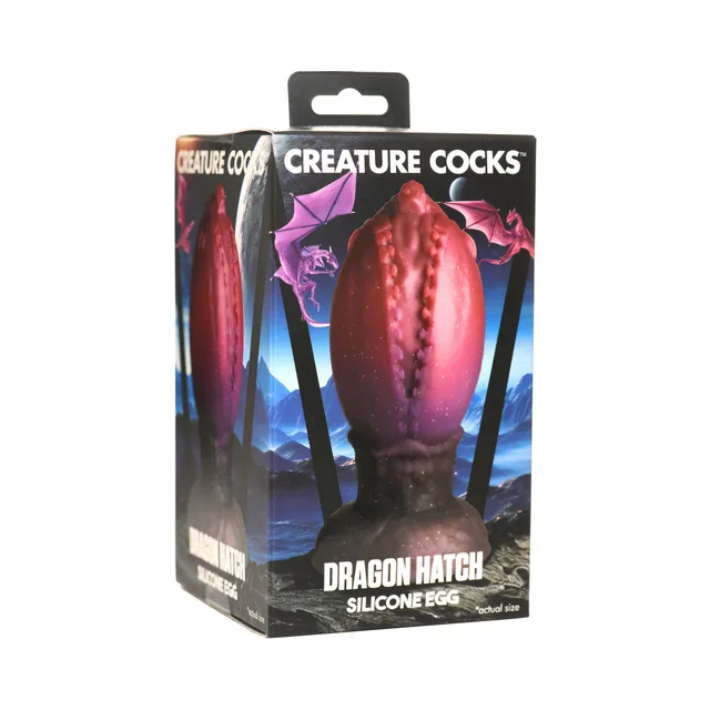 Creature Cocks Dragon Hatch Large red-and-brown silicone egg pictured in blue dragon-themed retail box