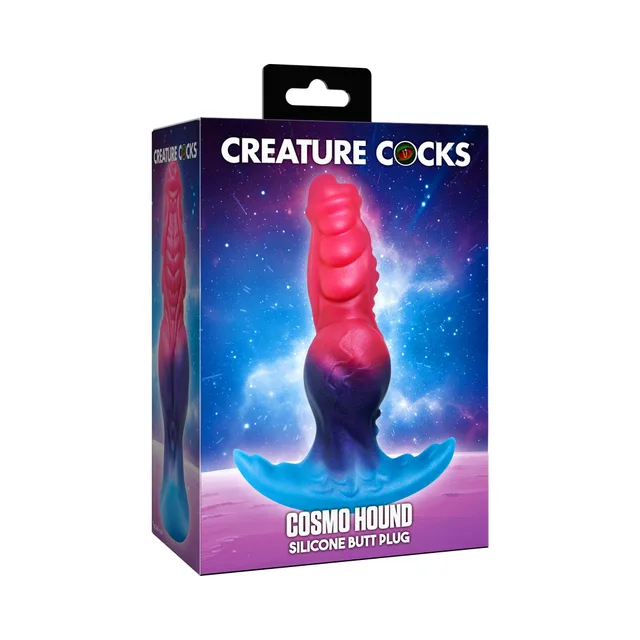 XR Brands Creature Cocks Cosmo Hound silicone butt plug retail box with the colorful sculpted plug pictured