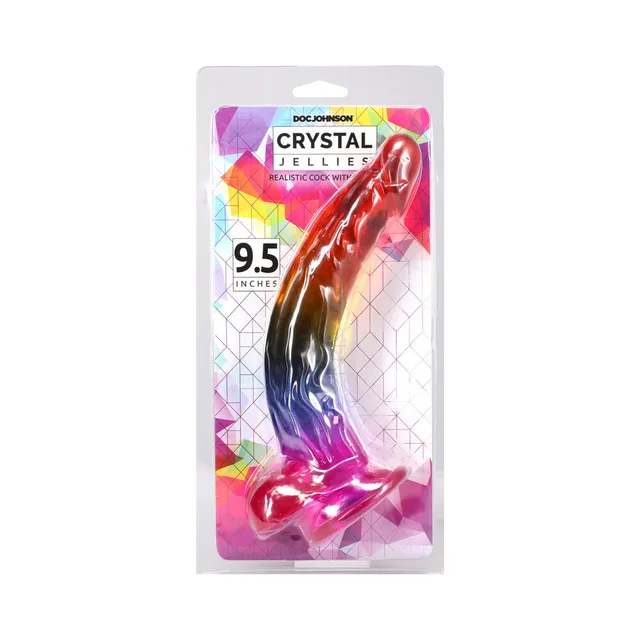Crystal Jellies 9.5-inch curved rainbow dildo with balls