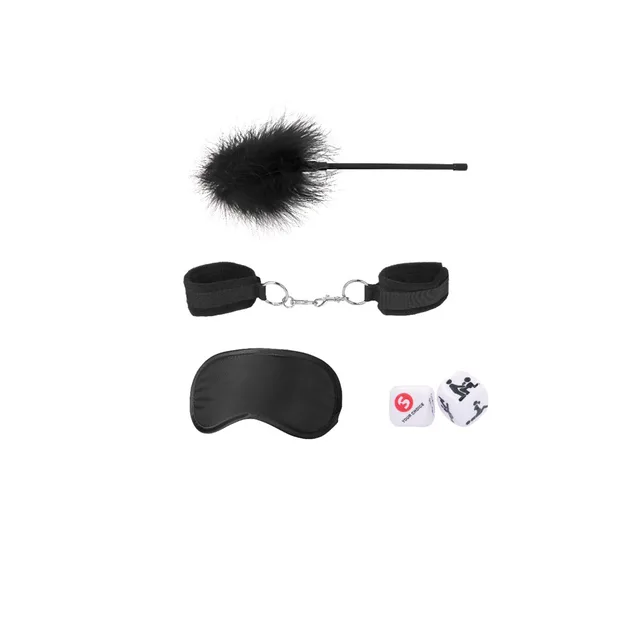 Black eye mask, linked cuffs, feather tickler and satin tie set