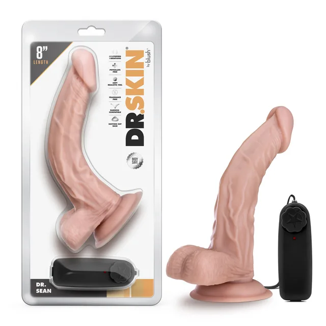 Blush Dr. Sean beige vibrator beside clear Dr. Skin retail package