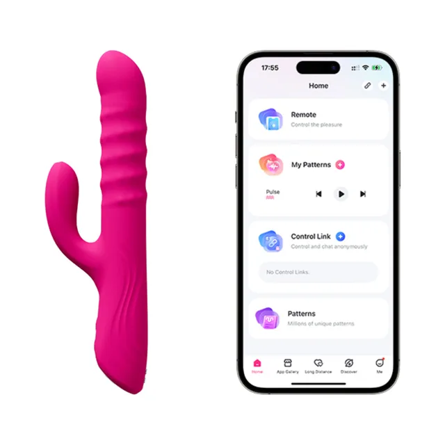 Lovense Velvo bright pink rabbit vibrator upright front view of ribbed shaft and side arm