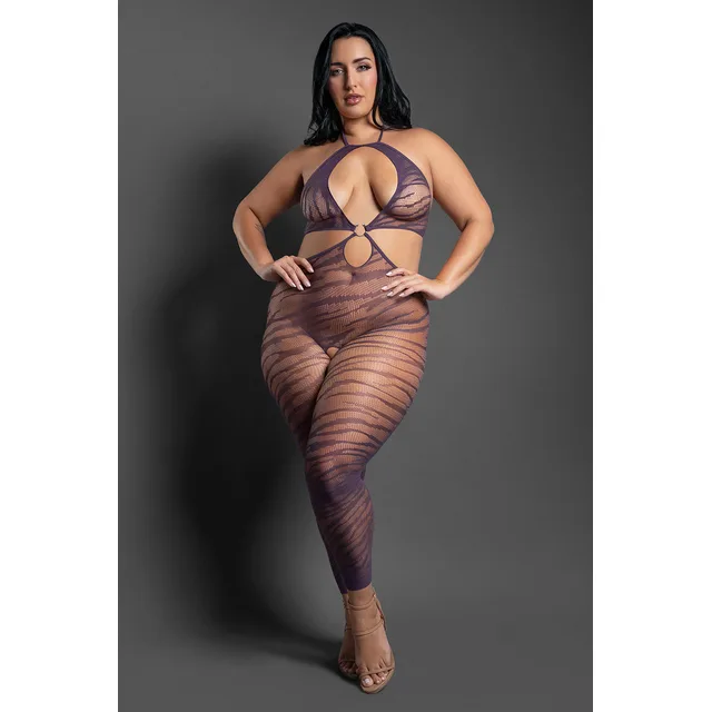 Front view of Set Me Free dark purple Queen patterned bodystocking