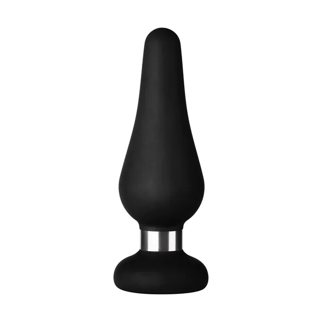 Front view of medium black F-21 plug with silver collar