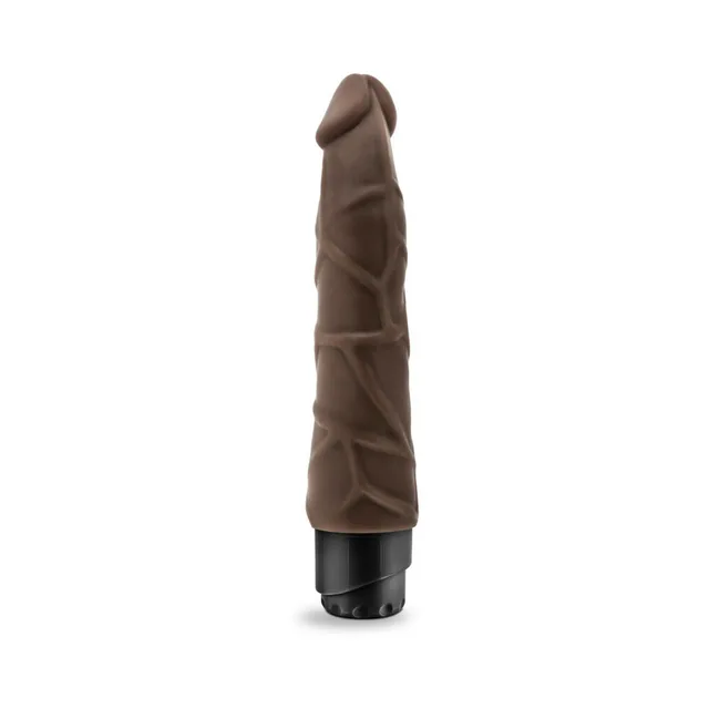 Blush Dr. Skin Cock Vibe 1 dark-brown vibrator upright front view with black twist-dial base