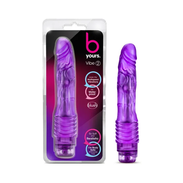 B Yours Vibe 2 purple vibrator beside retail package