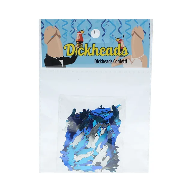 clear Dickheads bag filled with blue black and gray penis-shaped confetti