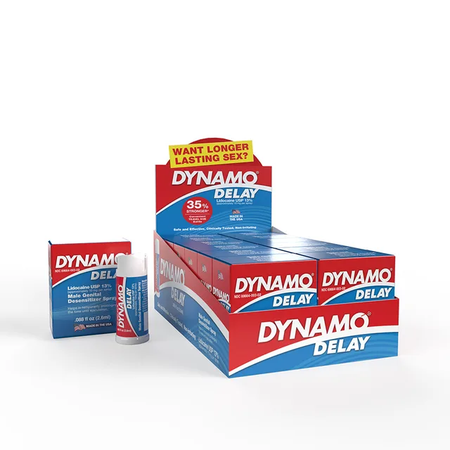 Dynamo To Go counter display holding 12 red white and blue spray boxes