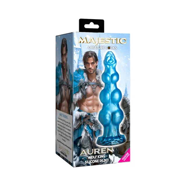 Majestic Auren Wolf King blue fantasy dildo in illustrated retail packaging