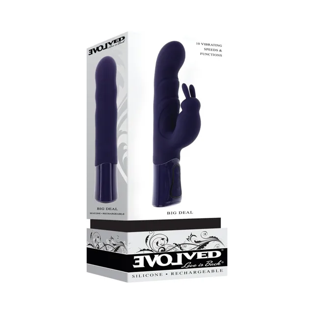 Evolved Big Deal purple rabbit vibrator beside white box