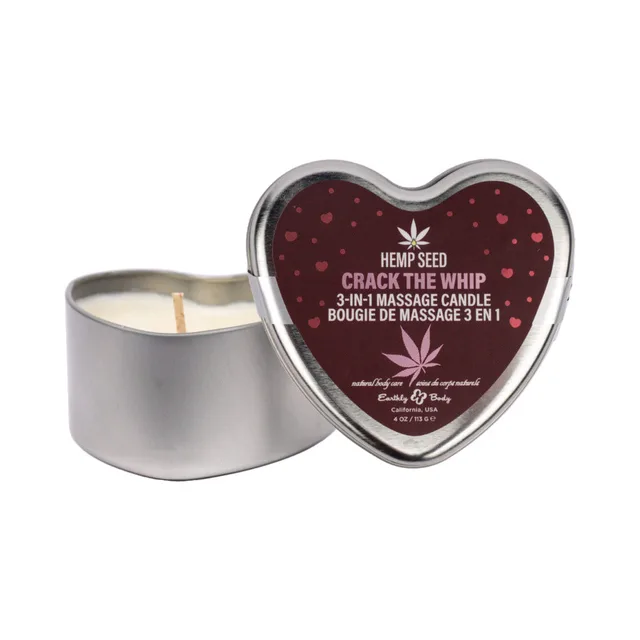open silver heart tin of Earthly Body Crack The Whip candle beside lid