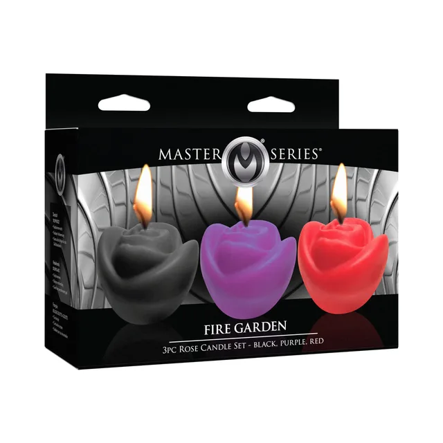 Master Series Fire Garden black purple and red rose-shaped candles with lit wicks on wide black box