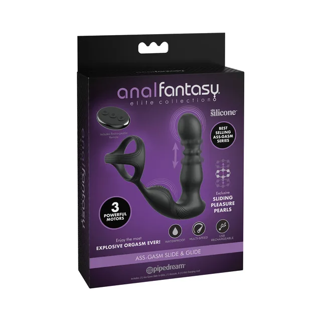 Black Anal Fantasy Slide and Glide plug and remote shown on purple box