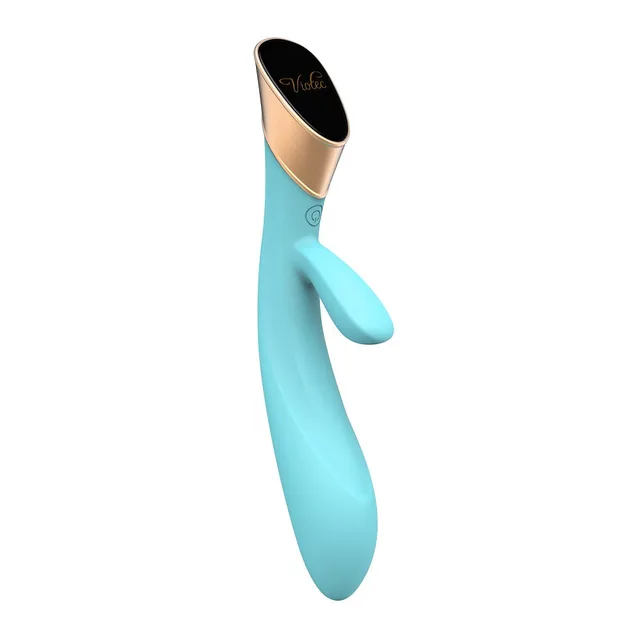Viotec Metis blue rabbit vibrator with black touch panel and gold trim