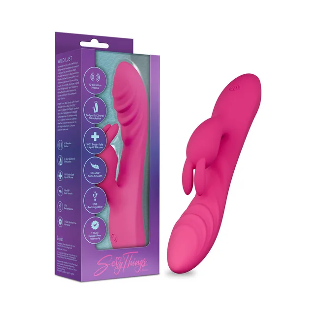Hot-pink Wild Lust rabbit vibrator beside retail box