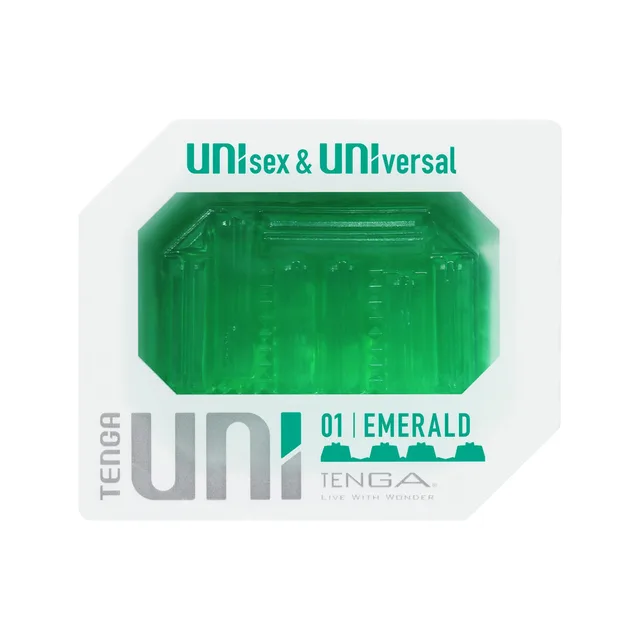 Green TENGA UNI Emerald faceted elastomer piece in clear octagonal package