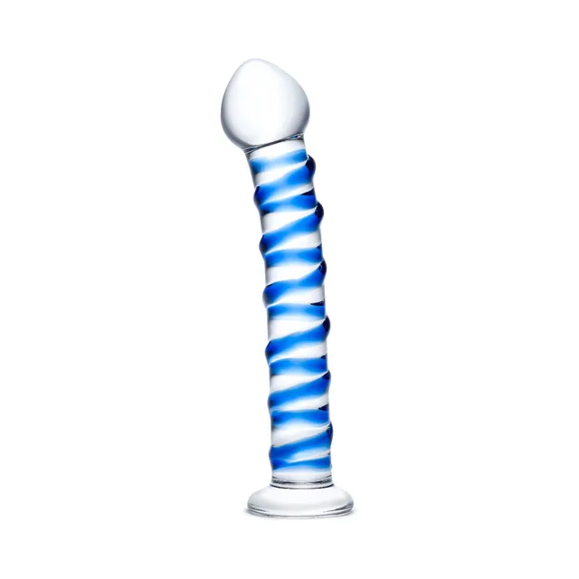 Glas Blue Spiral Glass Dildo upright blue spiral dildo with flared base