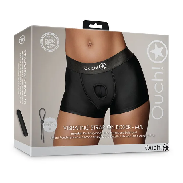 Shots Ouch black M/L vibrating strap-on boxer front retail box