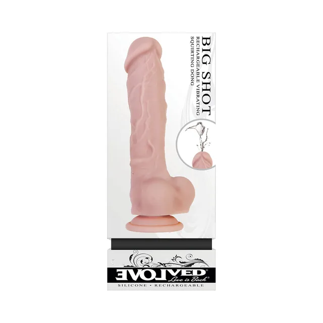 Evolved Big Shot beige 8-inch dildo upright dildo beside tall white retail box with suction-cup base visible