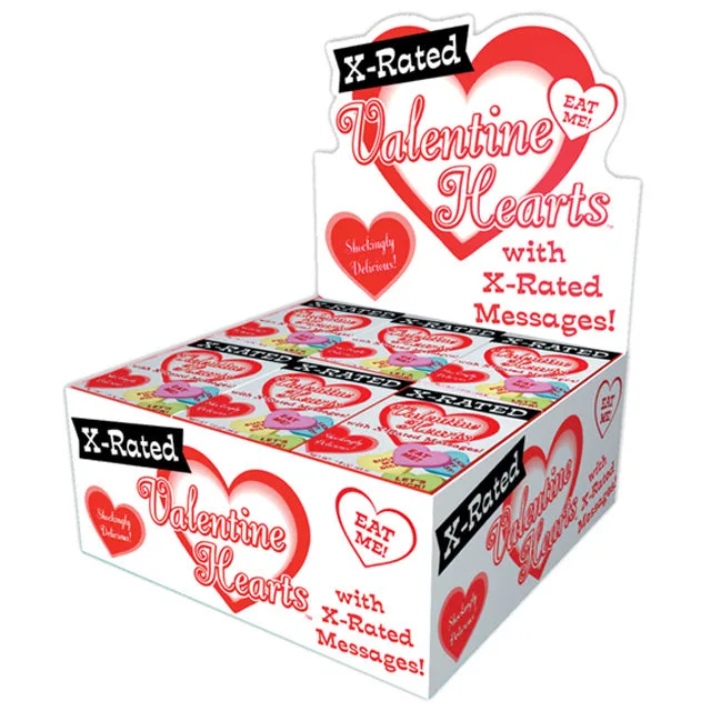 Little Genie X-Rated Valentine heart candy in a 24-box red and white display
