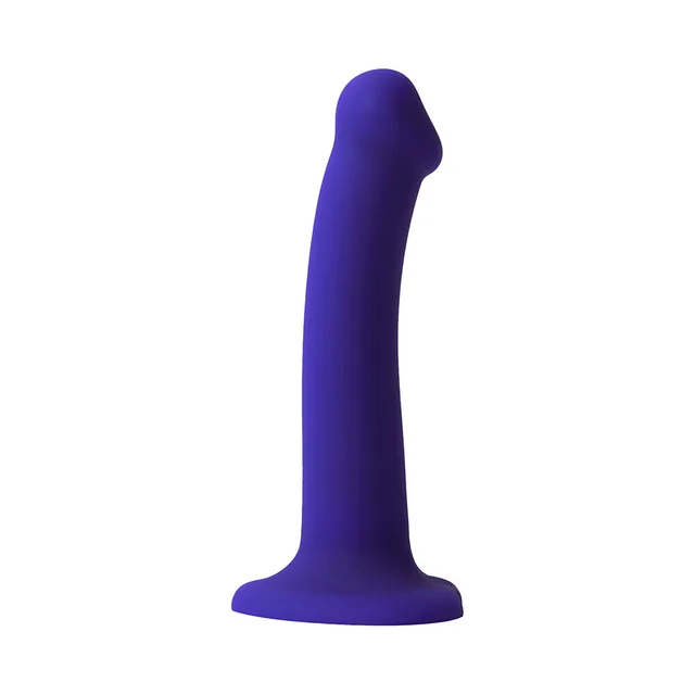 Full side view of blue-purple dildo with flared base