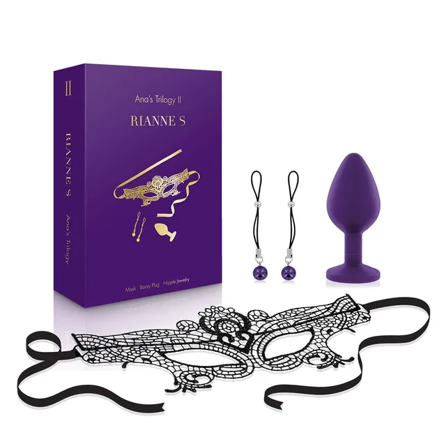 Ana's Trilogy II purple box with black lace mask purple plug and bead nipple jewels