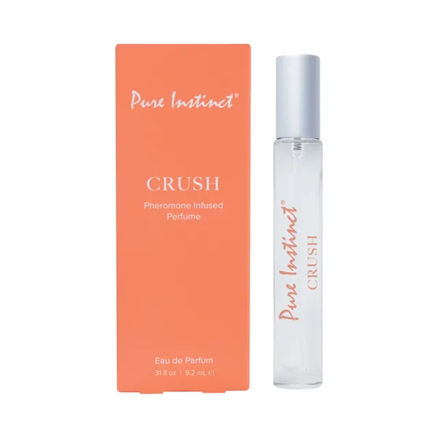 Pure Instinct Crush 0.31-ounce perfume spray in slim clear atomizer beside orange box