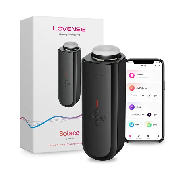 black Lovense Solace thrusting masturbator with sleeve, box and Remote app screen