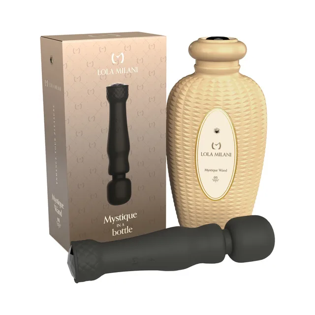 black Lola Milani Mystique Wand vibrator with cream sculpted bottle and box