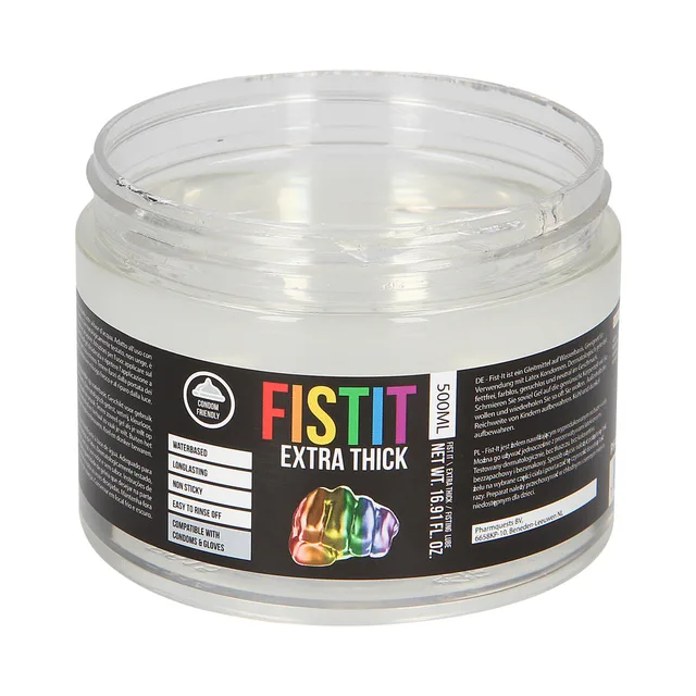 Open 500 ml Fist It Rainbow Edition jar showing clear gel