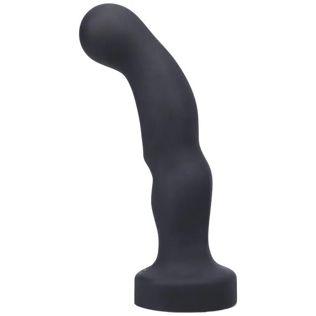 Left angle of black Tantus P-Spot dildo with curved ball head