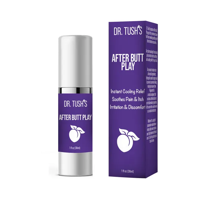 Dr. Tush's After Butt Play Purple 12-pack 1 oz pump bottle beside deep-purple retail carton