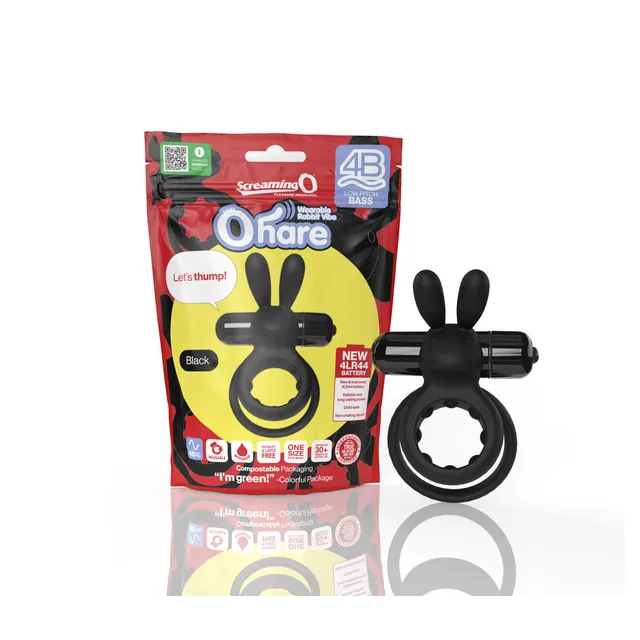 Screaming O Ohare black rabbit ring beside retail pouch