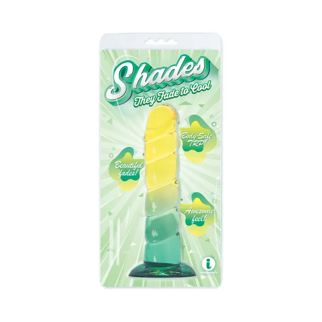 yellow-to-mint Shades Swirl dildo with spiral shaft and flared base in green package