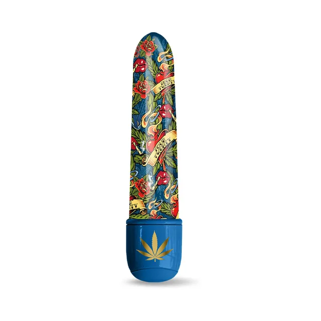 Front view of Blue Dream vibrator with tattoo-style cannabis print