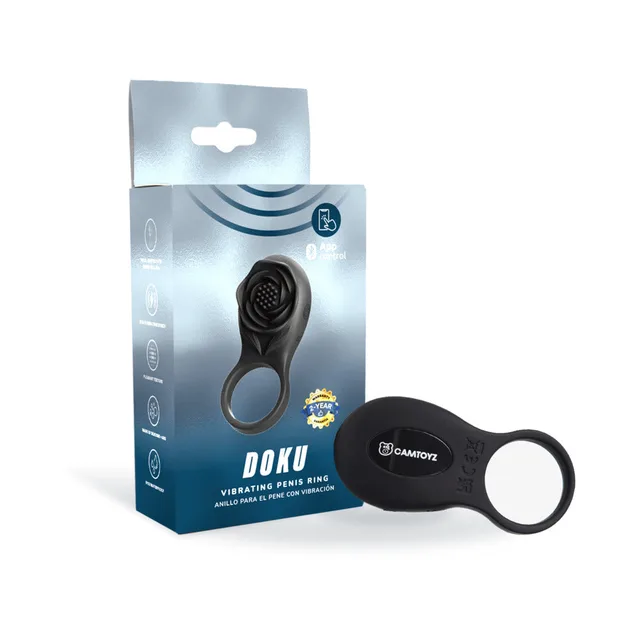 Camtoyz Doku black app vibrating ring beside blue retail box