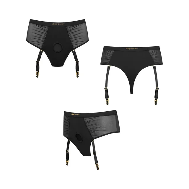 Strap-On-Me Idylle black garter harness size S front, back and angled product views together
