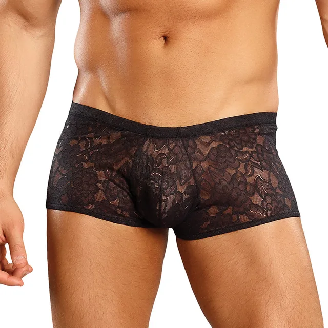 Male Power Mini Shorts Medium model wearing black floral lace mini shorts