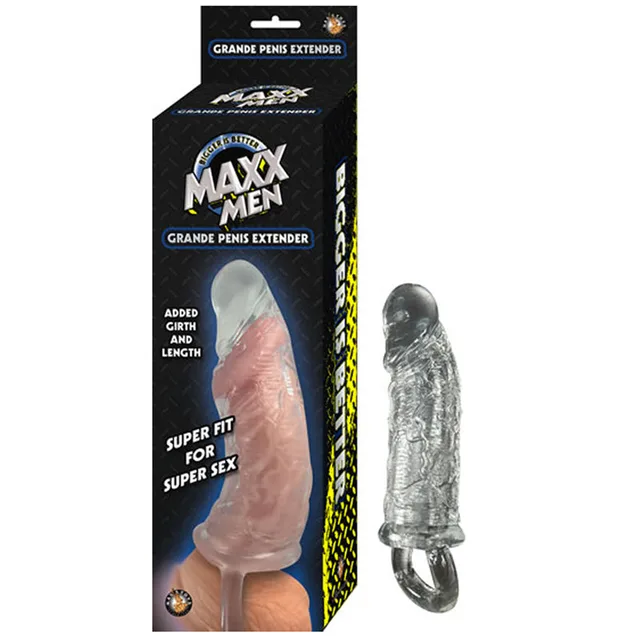 Maxx Men Grande Clear Penis Sleeve clear textured sleeve beside black retail carton