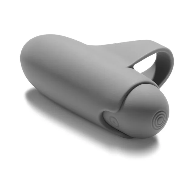 Clitherapy Better Than Your Ex gray finger vibrator angled view with arched finger loop