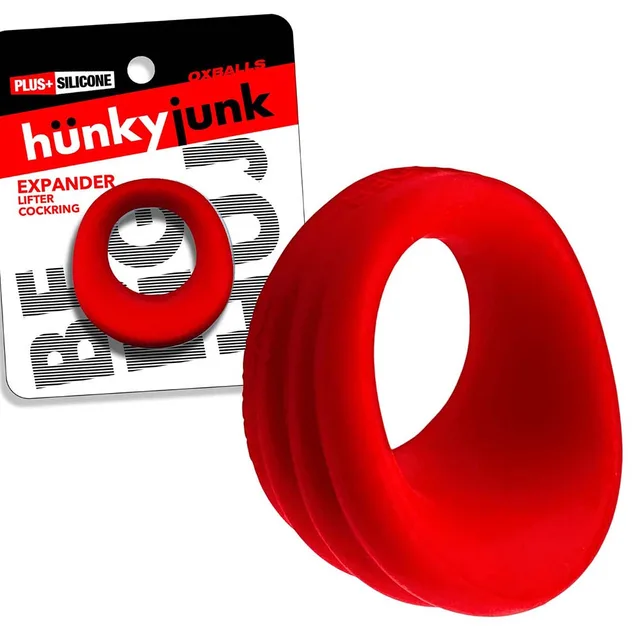 Oxballs Hunkyjunk Expander Red Velvet cock ring retail package beside the red scoop-shaped ring